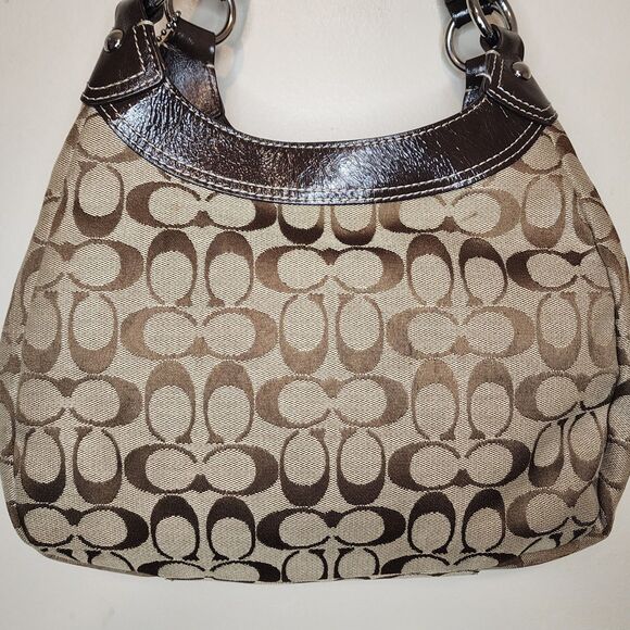 Vintage COACH SOHO SIGNATURE HOBO F17094 Khaki Mahogany Patent Leather Bag RARE - Picture 7 of 13